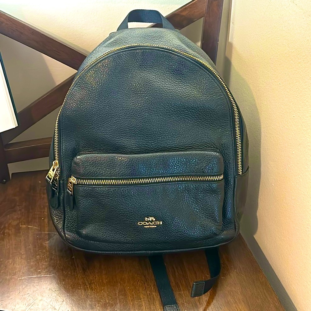 Coach Charlie Mini Black Leather Backpack with front pocket